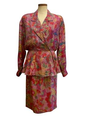 Diane Gillman Silk Floral Peplum Blouse Skirt Set Sz 8